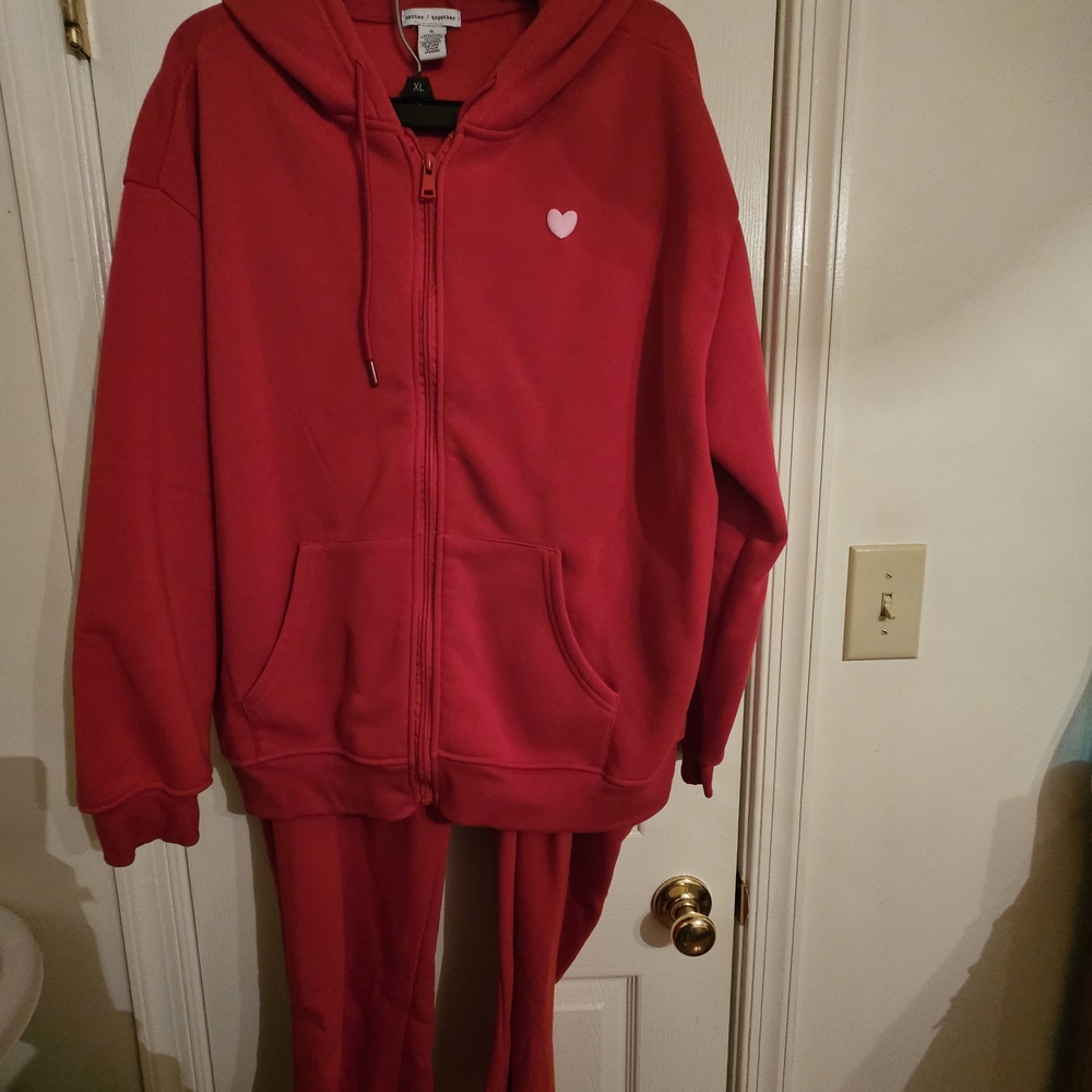Red Hoodie and Sweatpants Set with Heart Logo